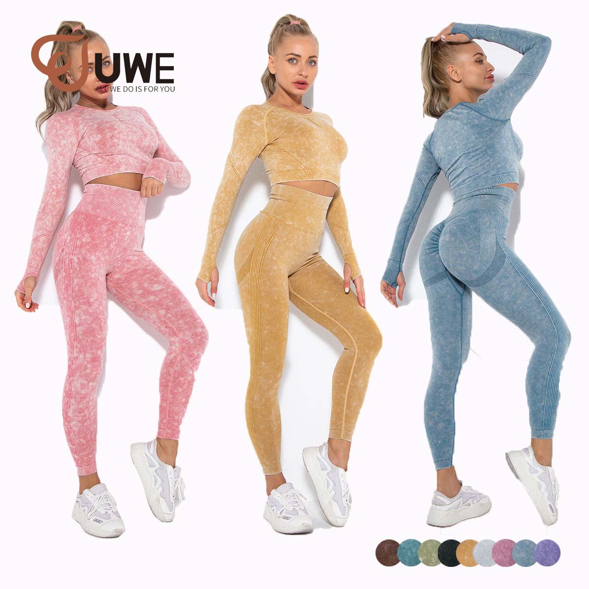 Wash Yoga Set Long Sleeve With Thumb Holes Scrunch Butt Leggings（518）