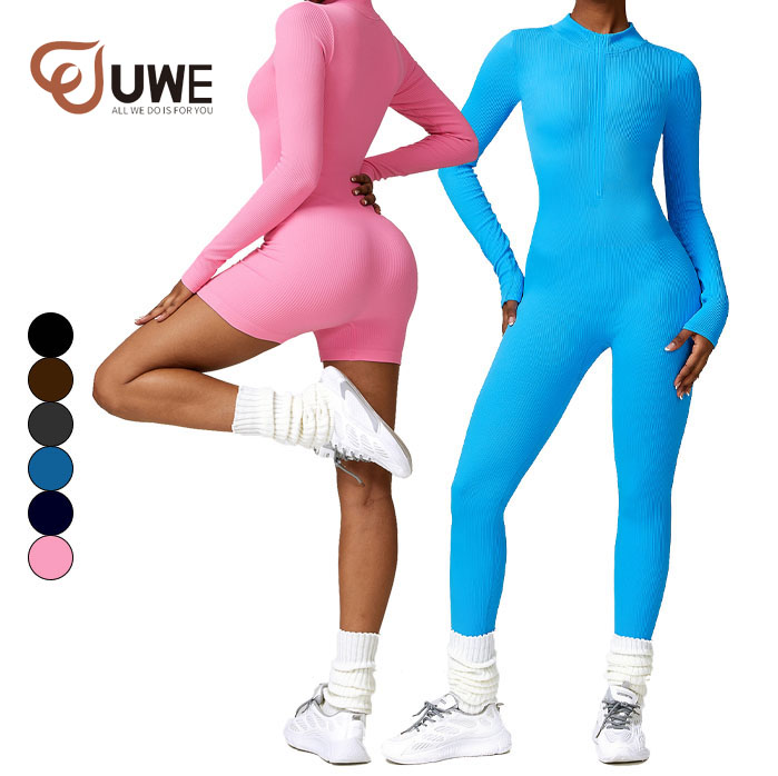 Yoga Jumpsuit Seamless Ribbed Half Zipper One Piece Rompers Bodysuit（316）