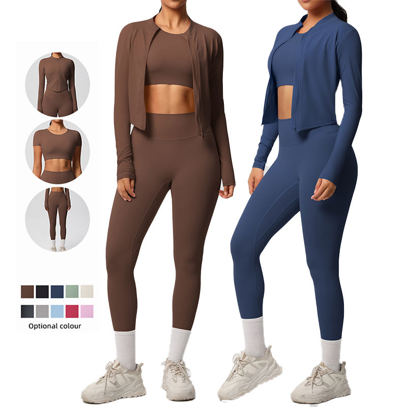 Basic Yoga Sets 3 Piece Jacket Sports Bra And Leggings （1093）