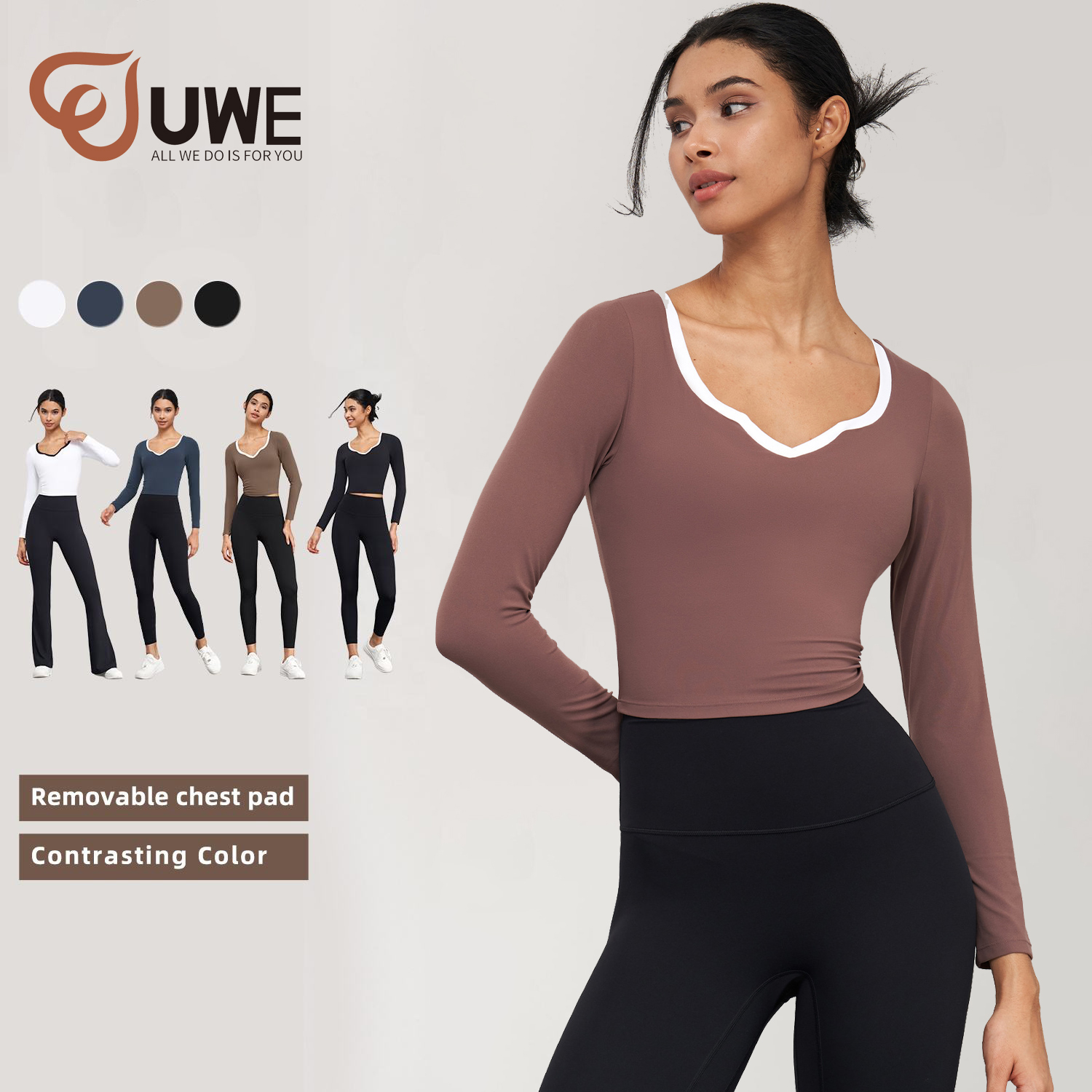 Yoga Tops Contrasting Color Workout Crop Shirt V Neck Long Sleeve