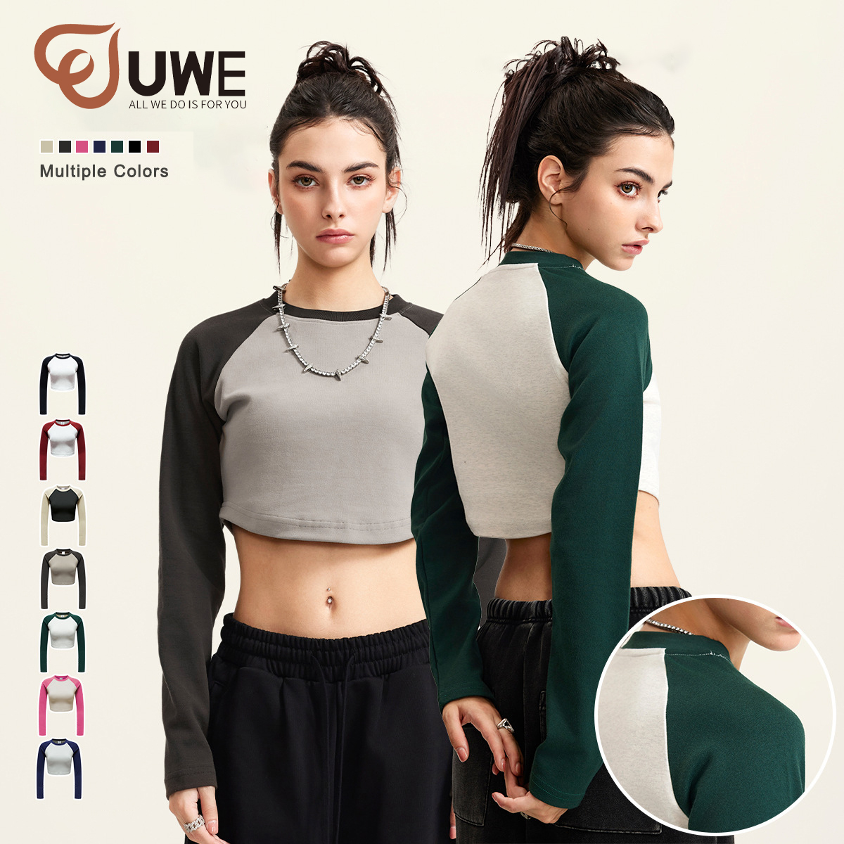 Yoga Crop Top Women Colorblock Casual Long Sleeve T-shirts